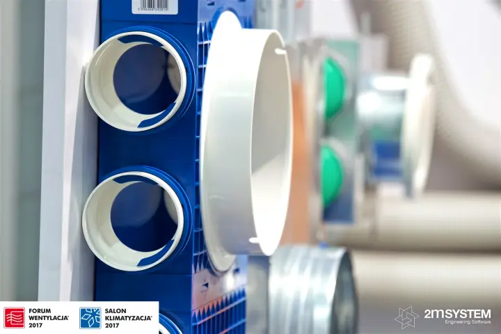 Spigots of a blue plastic air distribution box at Forum Wentylacja 2017