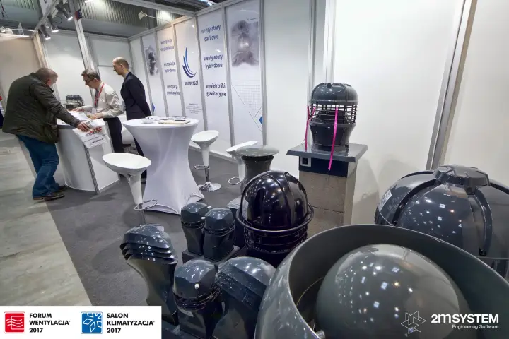 Uniwersal chimney cowls and roof fans displayed on a white stand at Forum Wentylacja 2017