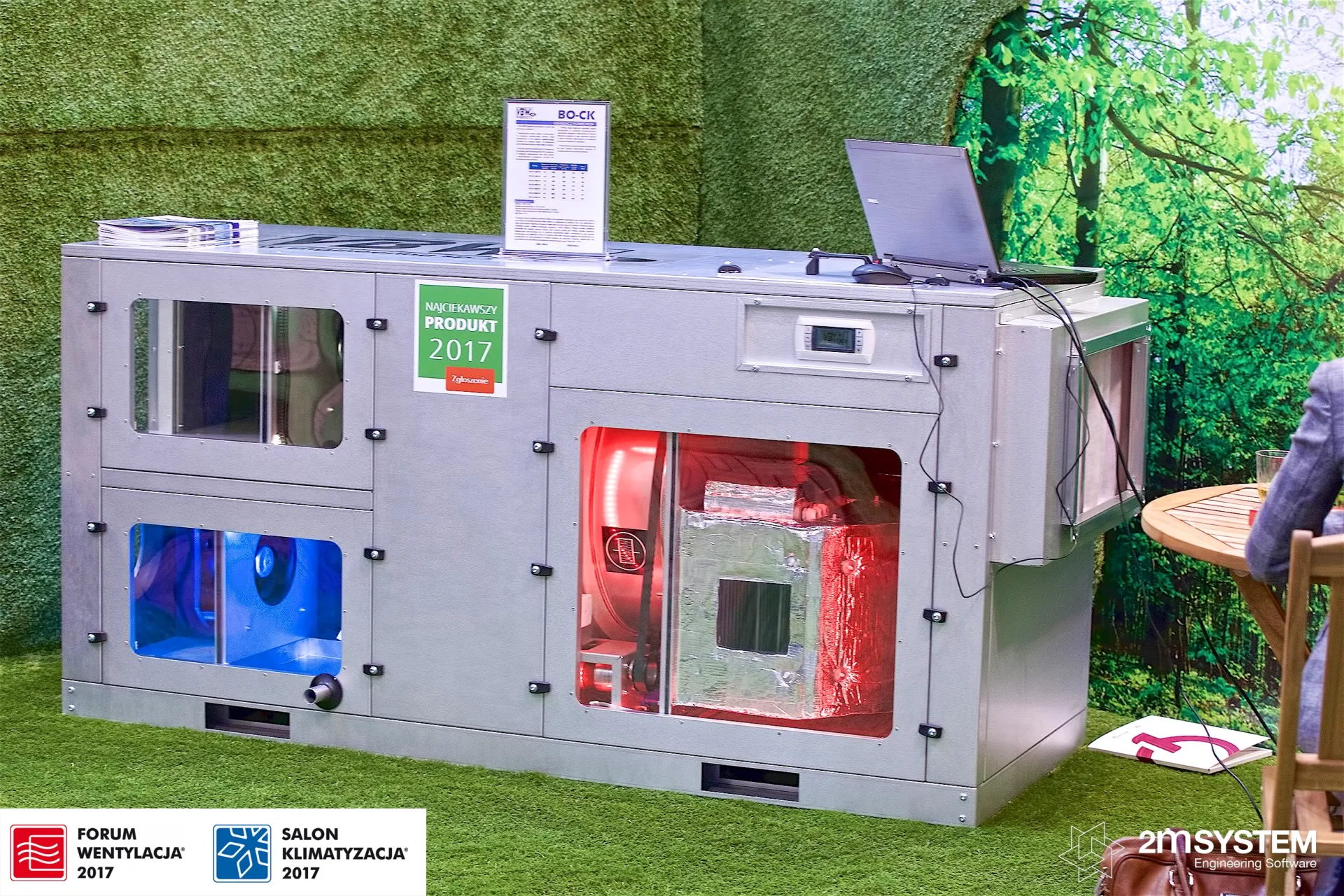 VBW Engineering air handling unit with lit inspection windows and a competition label at Forum Wentylacja 2017