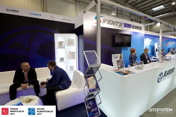 Vents and Blauberg joint stand with illuminated counter and lounge at Forum Wentylacja 2017