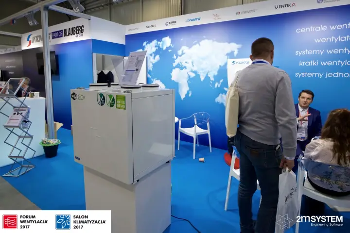 Vents heat recovery unit in front of a blue world-map backdrop at Forum Wentylacja 2017