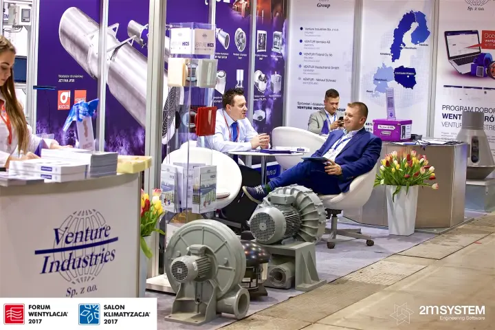Venture Industries stand with side-channel blowers and a meeting corner at Forum Wentylacja 2017