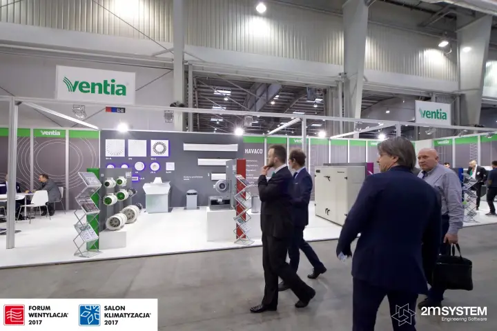 Visitors walking past the full Ventia stand frontage at Forum Wentylacja 2017
