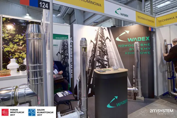 Wadex stand 123 with stainless chimney pipes and 'Nowoczesne systemy kominowe' at Forum Wentylacja 2017