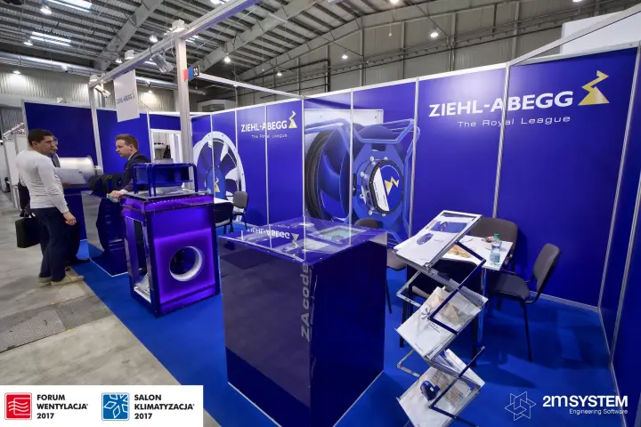 Wide view of the blue Ziehl-Abegg stand with ZAcode display case