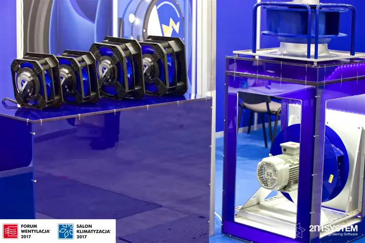 Ziehl-Abegg compact fans and a motor-driven centrifugal fan in a lit acrylic frame