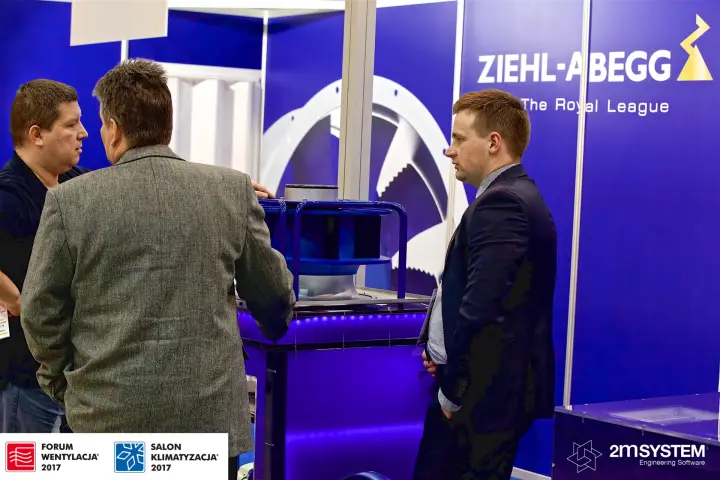 Ziehl-Abegg wall with "The Royal League" slogan and plug fan display