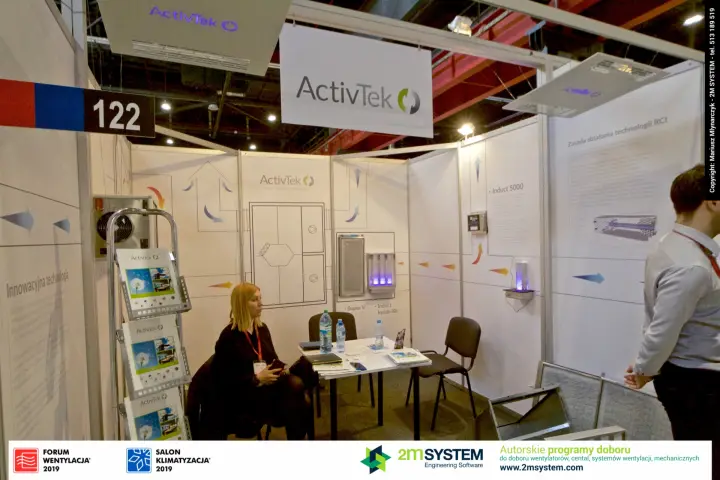 ActivTek booth 122 with air purification modules and airflow diagrams at Forum Wentylacja 2019