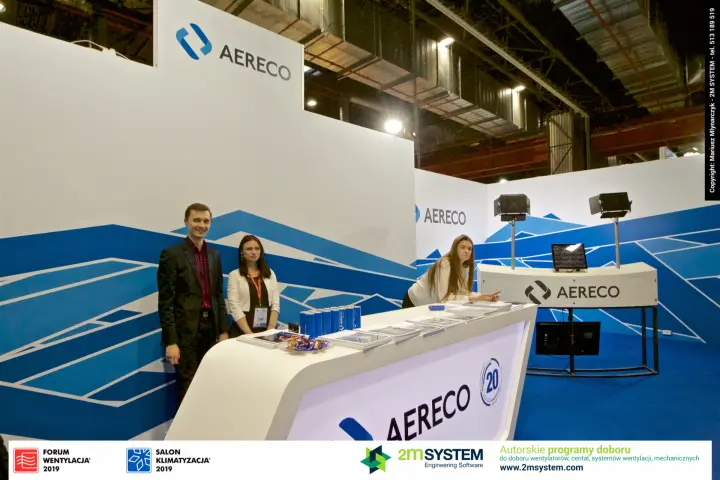 Aereco reception counter with the 20-year anniversary emblem at Forum Wentylacja 2019