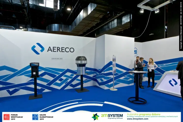 Aereco roof extract units on pedestals in front of the logo wall at Forum Wentylacja 2019