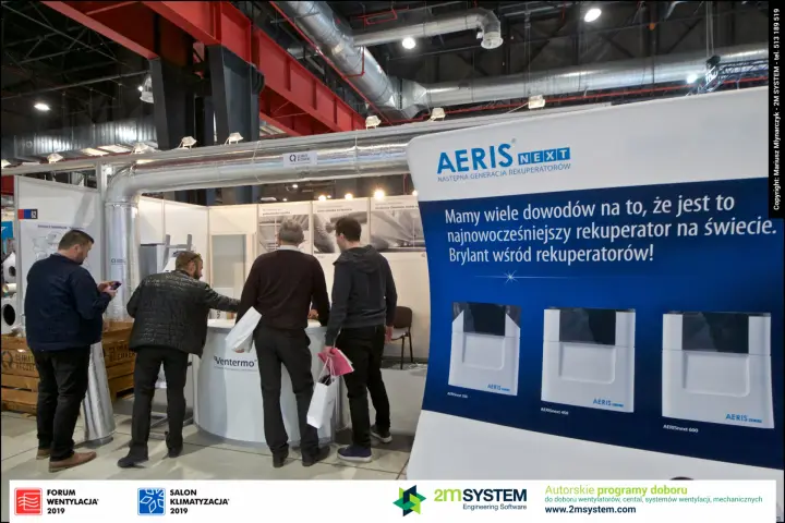 AERIS next banner with three recuperator models next to the Ventermo counter at Forum Wentylacja 2019