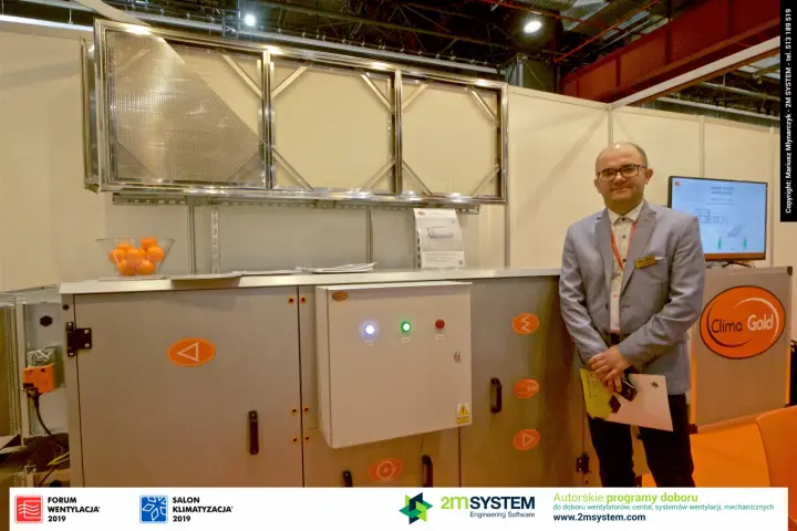 Air handling unit and orange Clima Gold logo panel at the stand