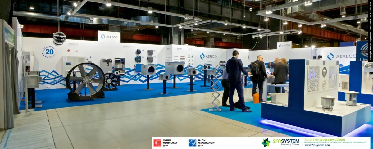 Aisle view of Aereco fans and the TROX diffuser display at Forum Wentylacja 2019