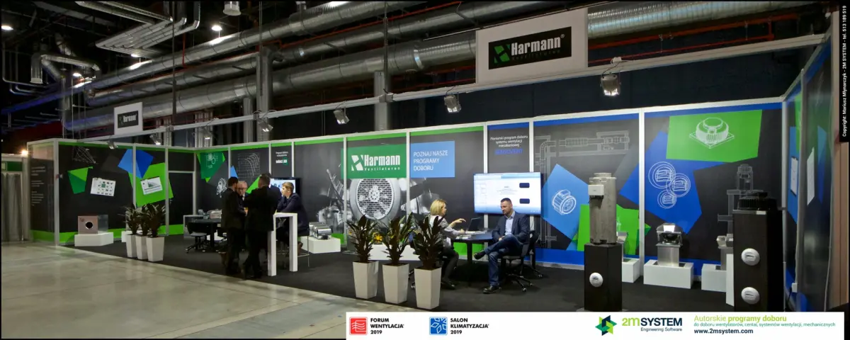 Angled view of Harmann stand showing roof fans and software workstations at Forum Wentylacja 2019