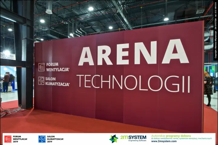 Arena Technologii feature wall with Forum Wentylacja and Salon Klimatyzacja logos