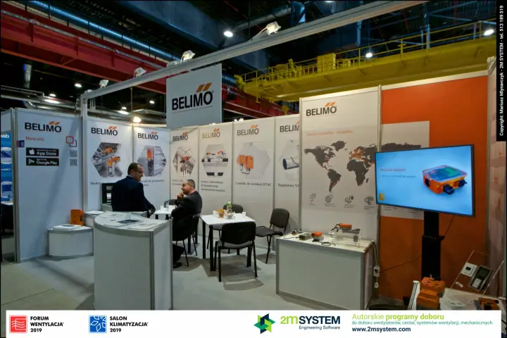 Belimo stand with actuators, world map wall and pressure sensor screen at Forum Wentylacja 2019