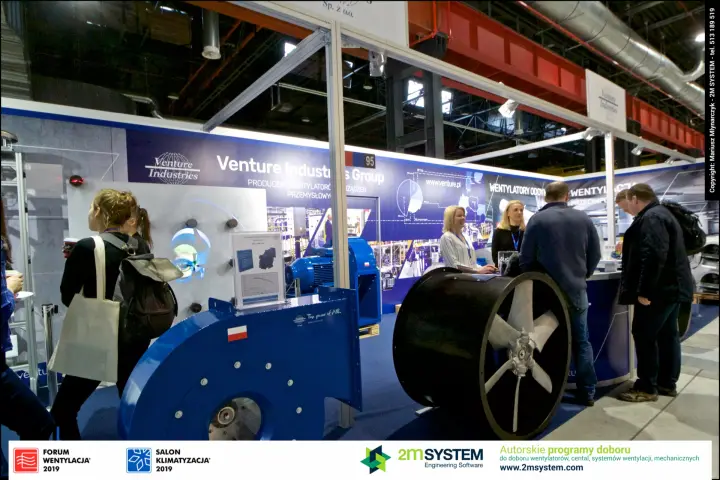 Blue centrifugal fan and black axial fan at the Venture Industries front