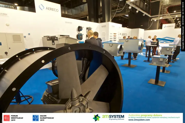 Close view of an Aereco axial fan motor and blades at Forum Wentylacja 2019