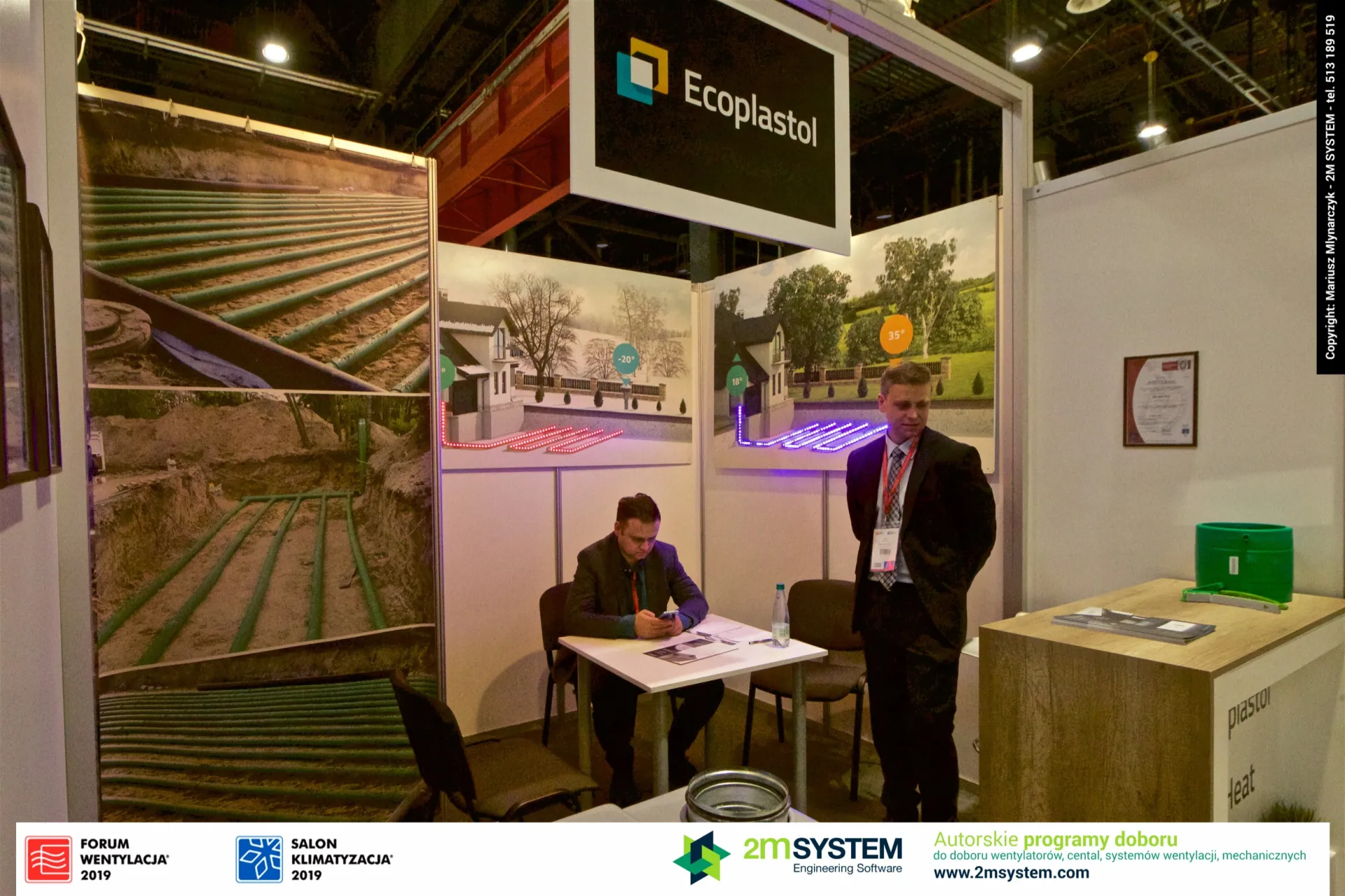 Ecoplastol hanging sign above lit ground exchanger diagrams at Forum Wentylacja 2019