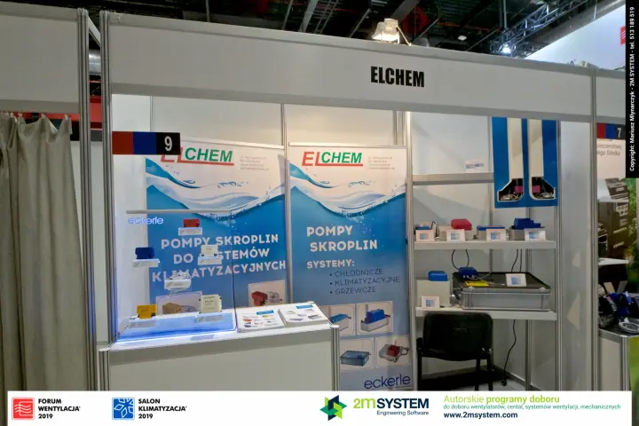 Elchem stand 9 with Eckerle condensate pumps on illuminated shelves at Forum Wentylacja 2019