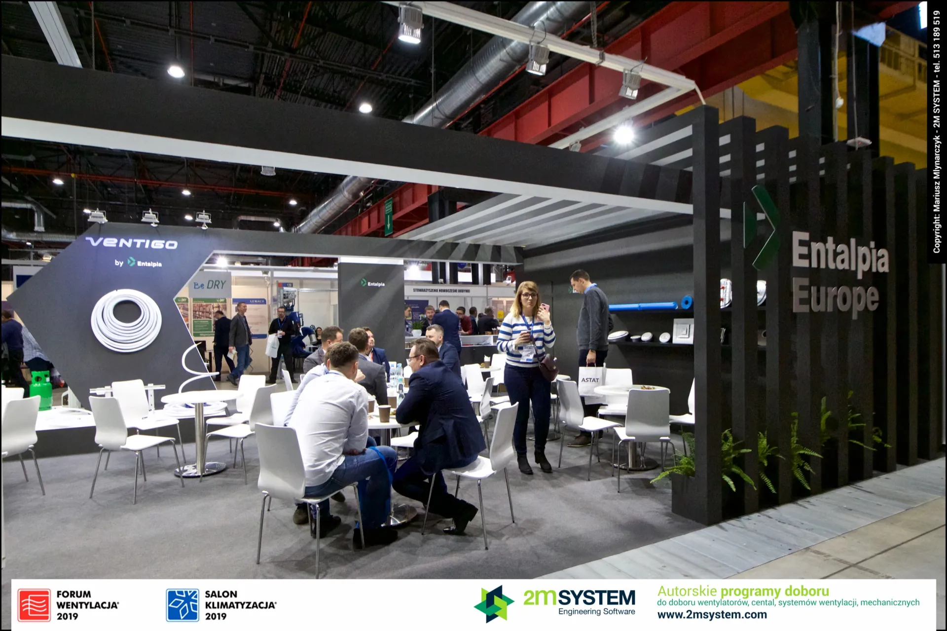 Entalpia Europe stand with dark slatted wall and seating area at Forum Wentylacja 2019