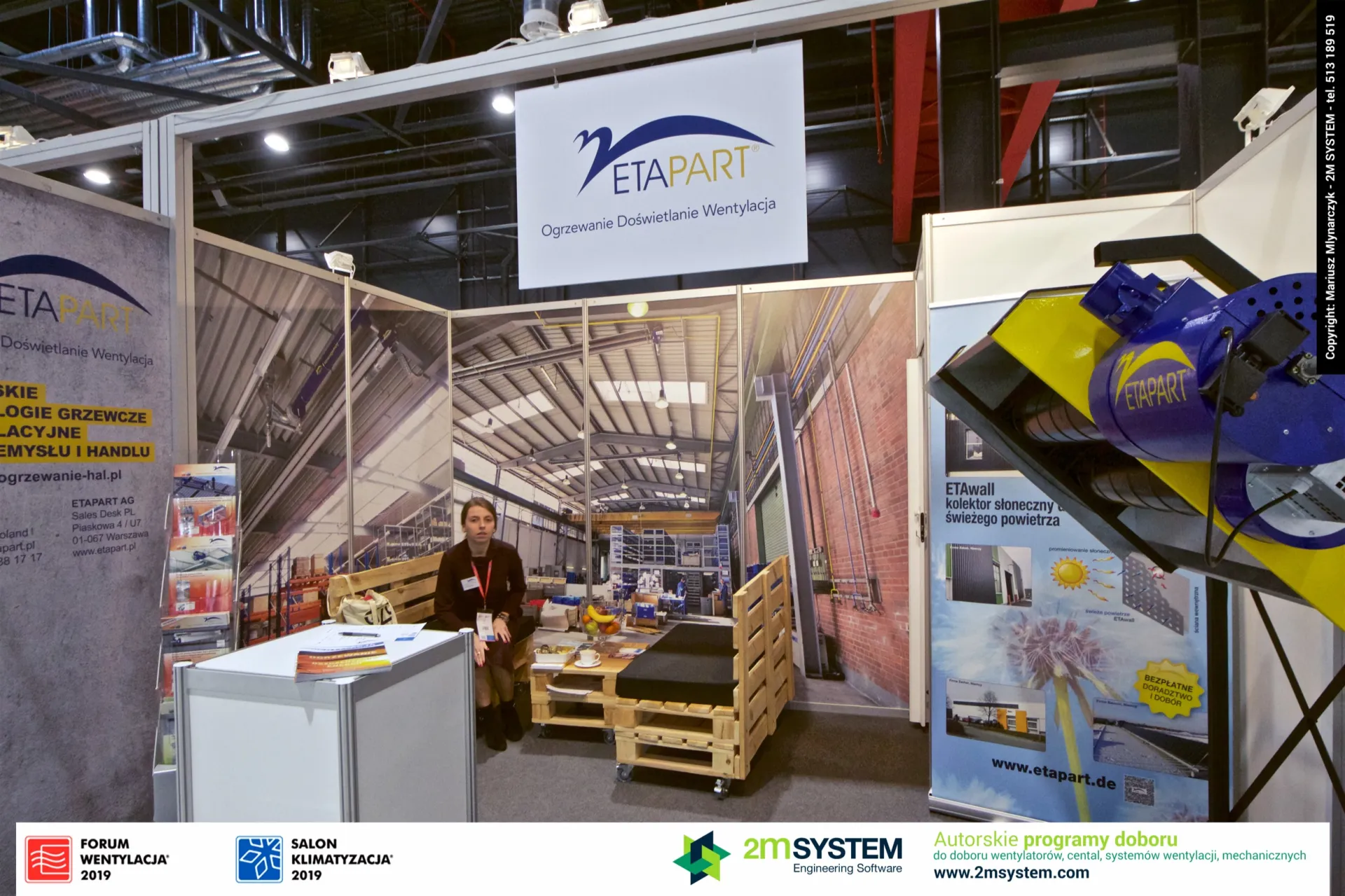 Etapart stand with pallet furniture and an ETAwall solar air collector display at Forum Wentylacja 2019