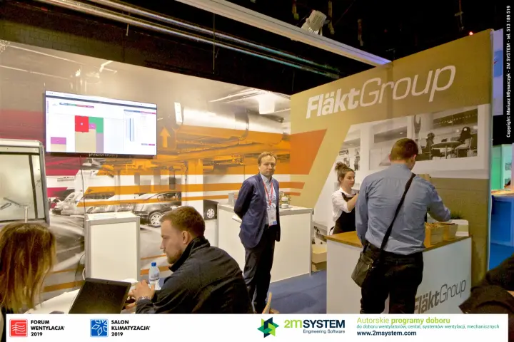 Fläkt Group coffee counter beside a floor-plan software screen at Forum Wentylacja 2019