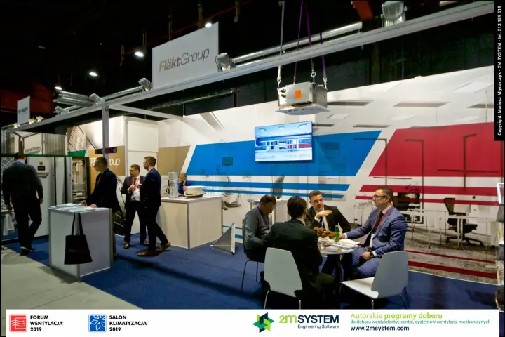 Fläkt Group stand overview with hanging cassette and office graphic at Forum Wentylacja 2019