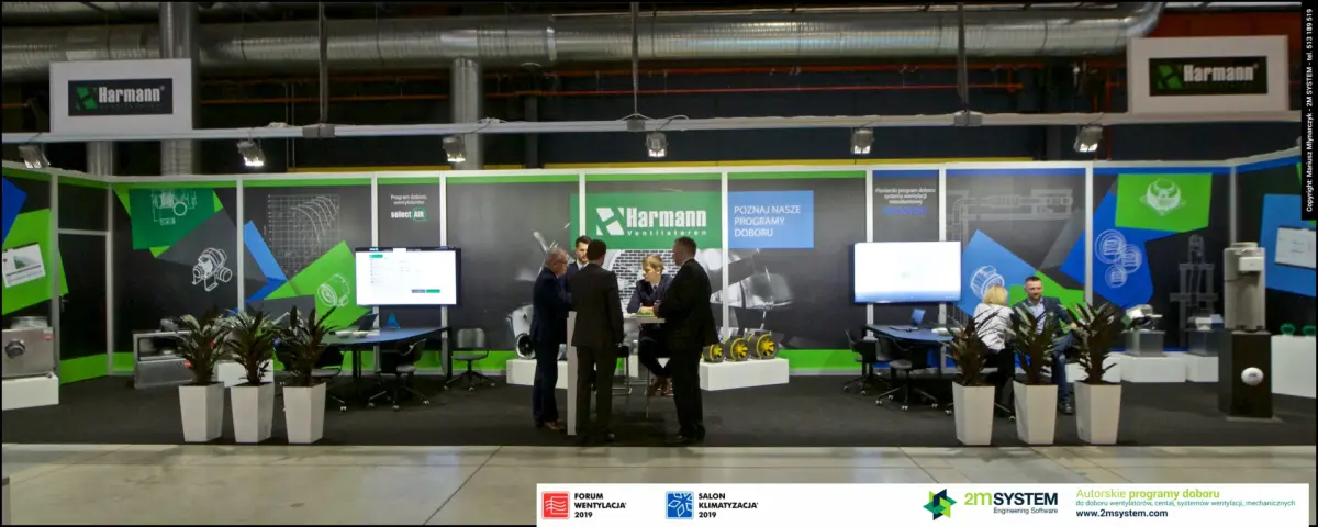 Front view of Harmann stand with selection software screens and axial fans at Forum Wentylacja 2019