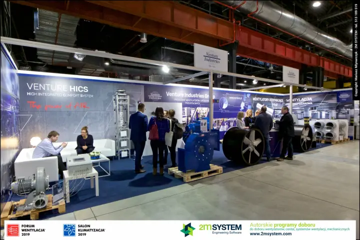 Full length of the Venture Industries stand from HICS lounge to smoke fans at Forum Wentylacja 2019