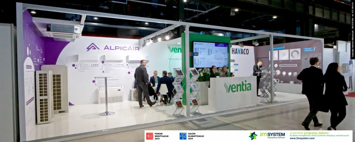 Full Ventia stand front with Alpicair air conditioners and Havaco diffusers at Forum Wentylacja 2019