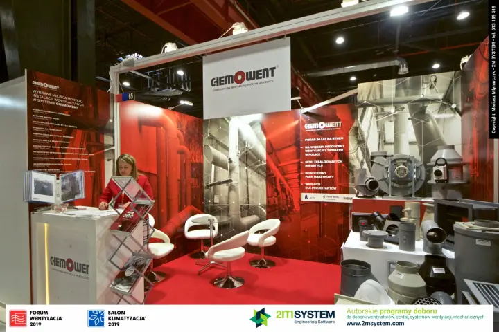 Full view of the Chemowent stand with reference list and lounge chairs at Forum Wentylacja 2019
