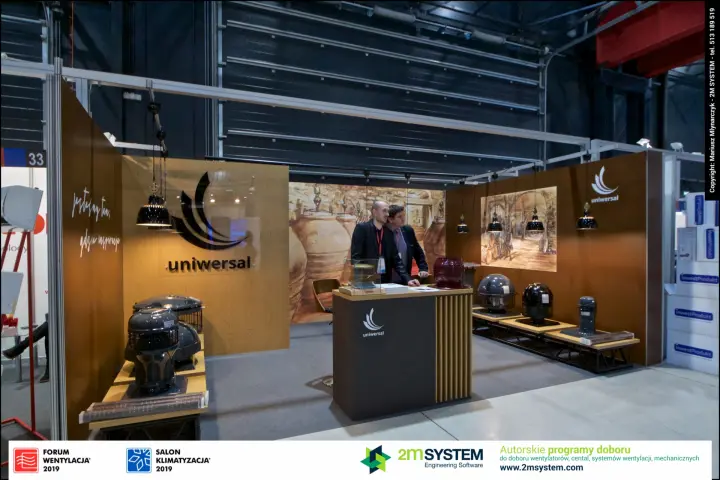 Full view of Uniwersal stand 33 with chimney fan displays at Forum Wentylacja 2019