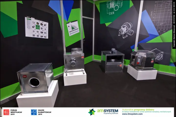 Galvanised box, kitchen, cabinet and EC roof fans on white plinths at Forum Wentylacja 2019