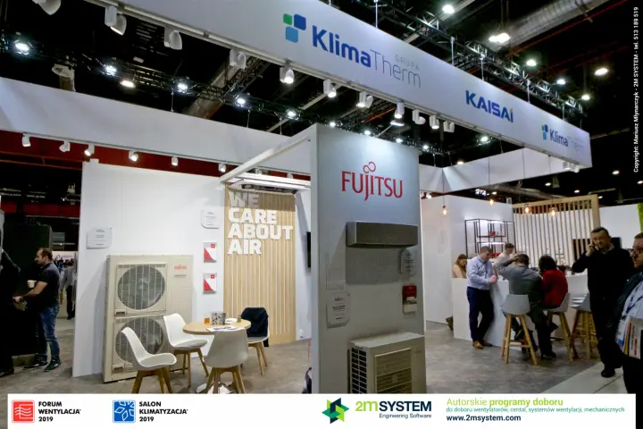 Grupa Klima-Therm stand with Fujitsu units and the We Care About Air wall at Forum Wentylacja 2019