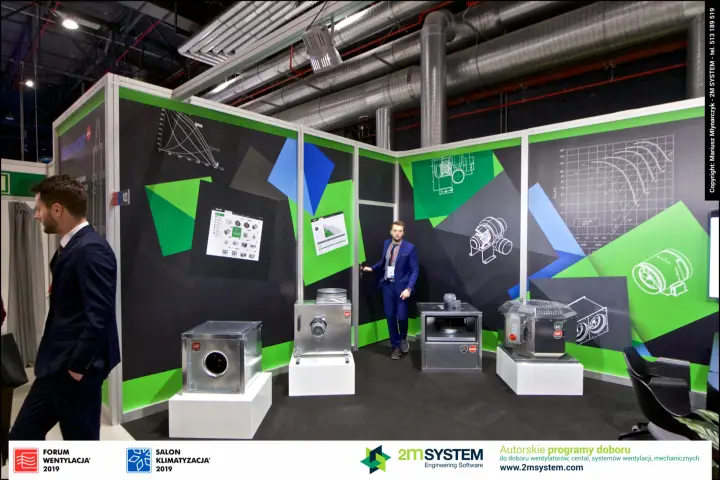 Harmann fan display with box, kitchen and roof fans on plinths at Forum Wentylacja 2019