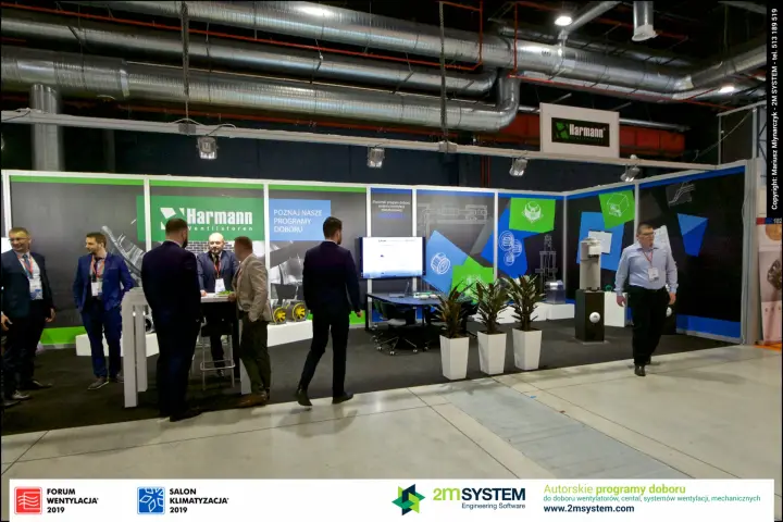 Harmann Ventilatoren stand with selection-software graphics and fan displays at Forum Wentylacja 2019