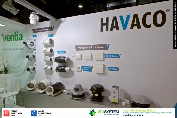 Havaco duct, bathroom and roof fans displayed on a white wall at Forum Wentylacja 2019