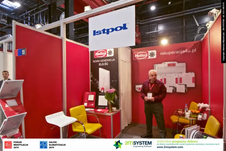 Istpol stand 55 with Helios ultraSilence fan boxes and yellow seating at Forum Wentylacja 2019