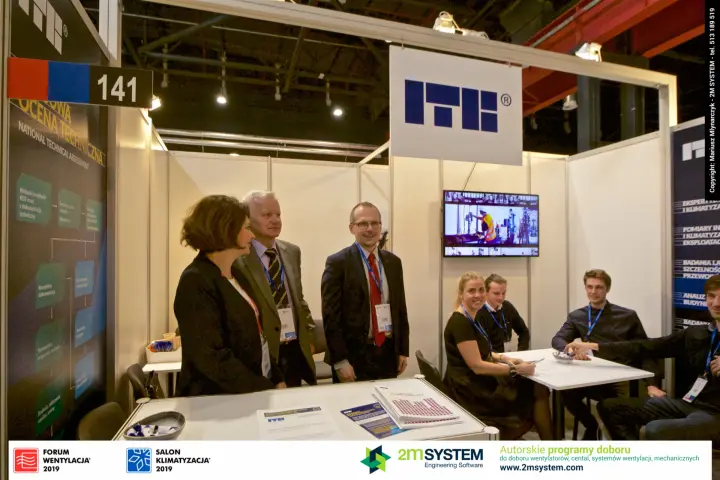 ITB representatives at the counter with research video on screen at Forum Wentylacja 2019