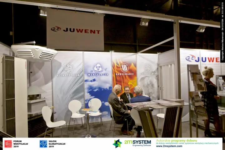 Juwent stand with themed panels and a roof fan cowl at Forum Wentylacja 2019