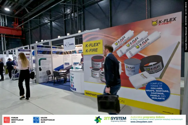 K-Flex K-Fire graphic with sealants, collars and pipe wraps along the aisle at Forum Wentylacja 2019