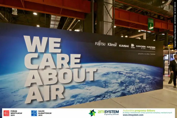 Klima-Therm group wall with "We Care About Air" and brand logos at Forum Wentylacja 2019
