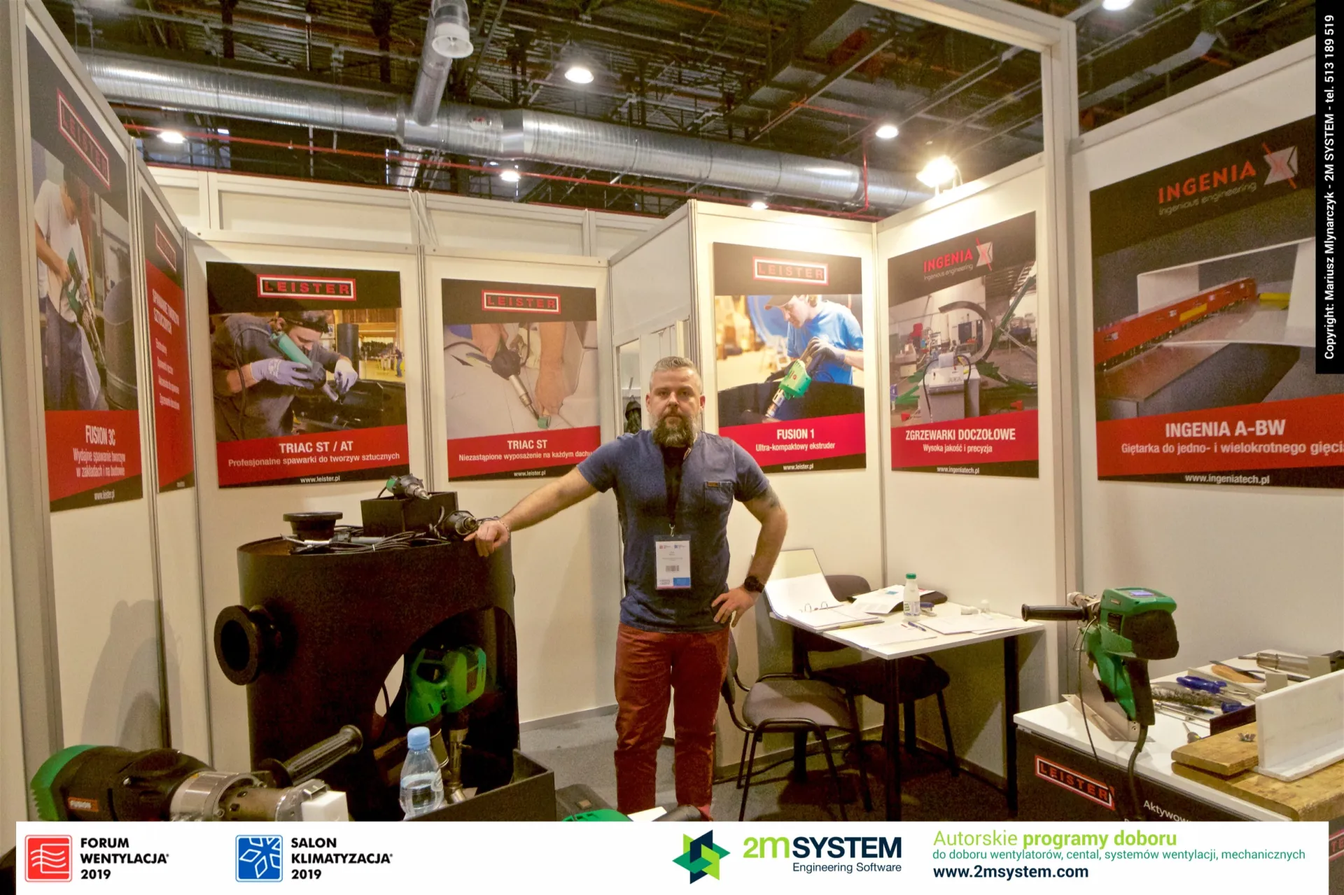 Leister and Ingenia booth with plastic welding tools and bending machine posters at Forum Wentylacja 2019