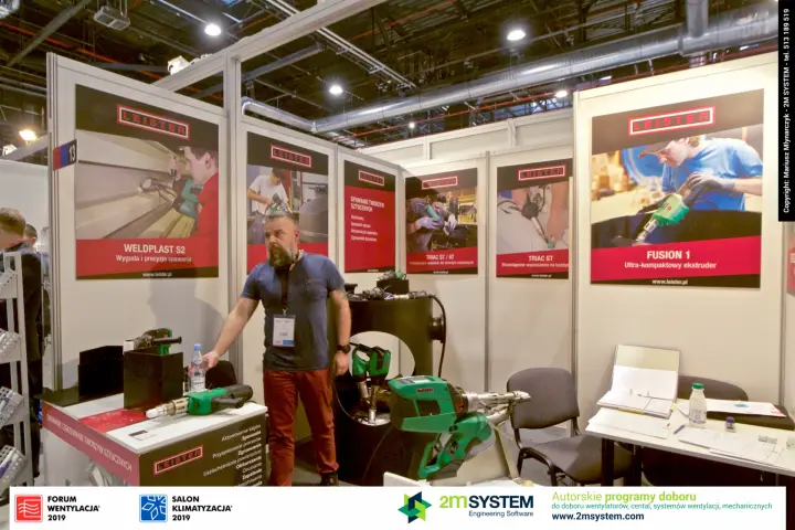 Leister stand 13 with hot-air welders and the Fusion 1 extruder on display at Forum Wentylacja 2019