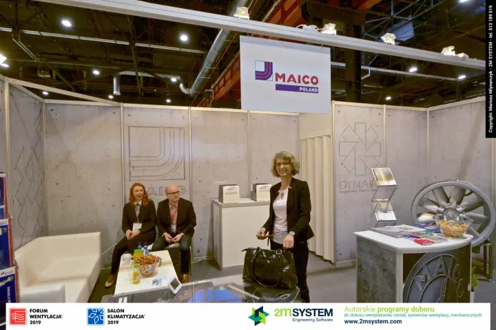 Maico Poland stand with concrete-effect walls and lounge seating at Forum Wentylacja 2019