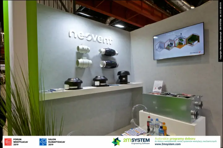 Neovent duct and roof fans displayed on a grey wall shelf