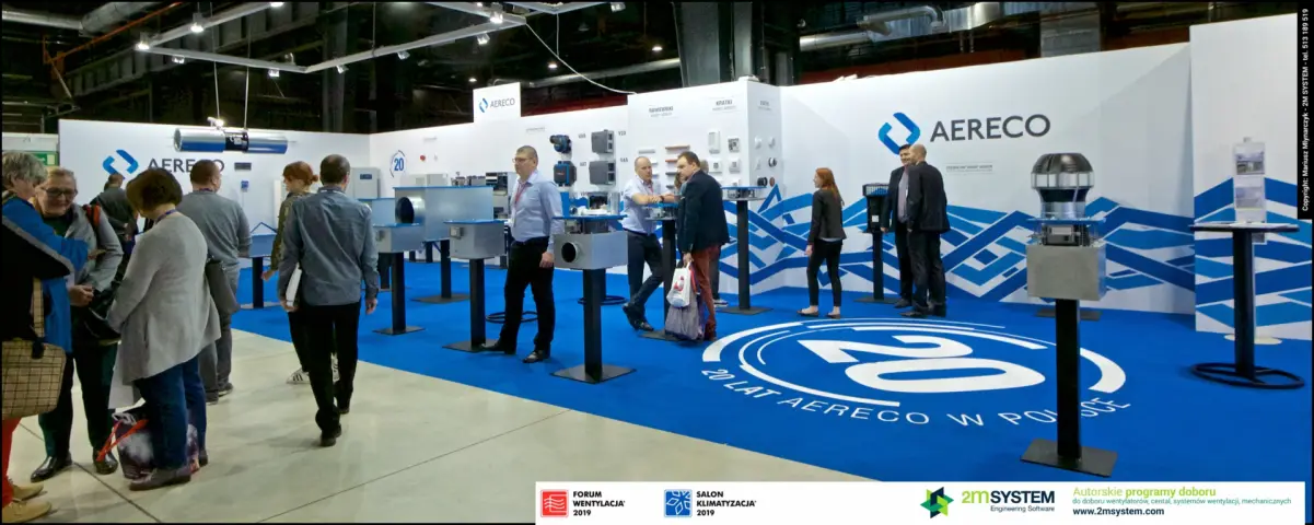 Panorama of the Aereco stand with "20 LAT AERECO W POLSCE" floor logo at Forum Wentylacja 2019