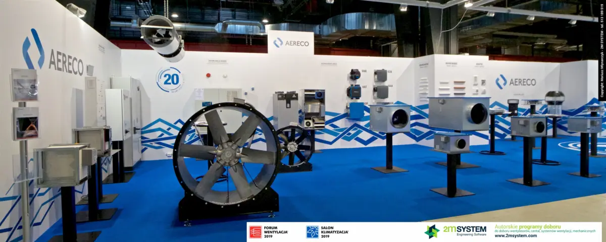 Panorama of the Aereco stand with large axial fan at Forum Wentylacja 2019