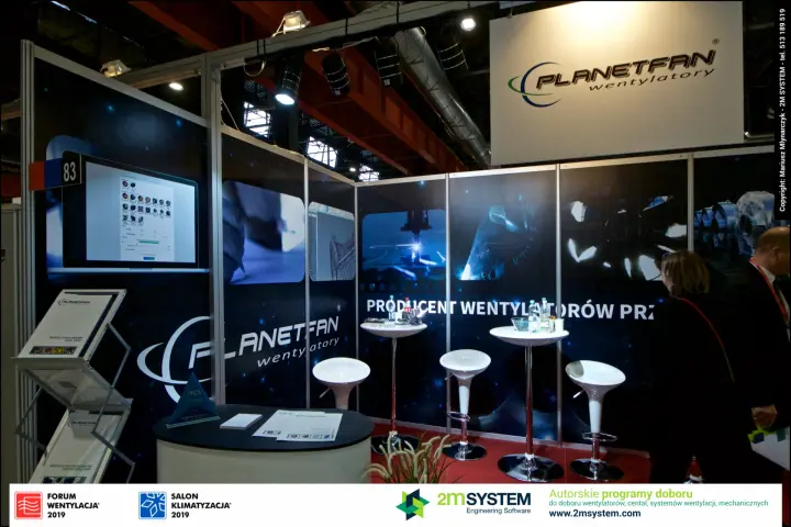 Planetfan stand 83 with award trophy and fan catalogue rack at Forum Wentylacja 2019